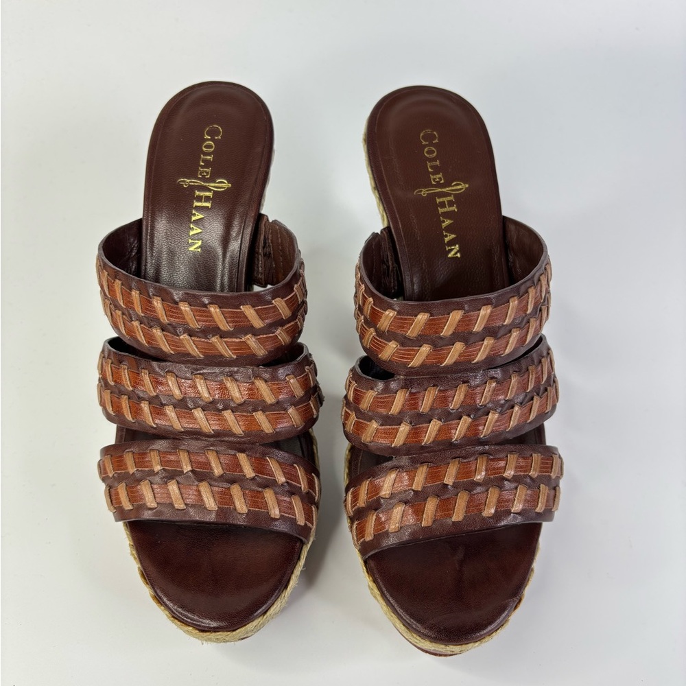 Cole Haan Air Slide Wedge Sandals Shoes Brown Classic Woven Leather 5.5B